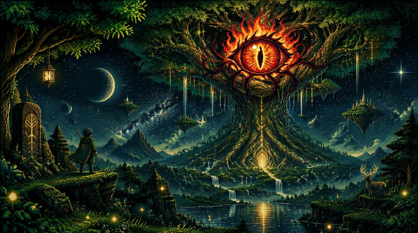 A fiery evil eye binds Yggdrasil in an enchanted forest
